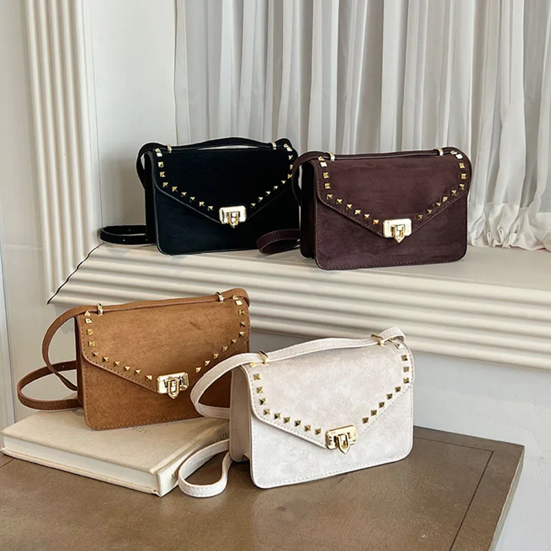 2026 Autumn Winter New Rivet Suede Crossbody Bag French Casual Fashion Simple Vintage Women's Rectangular Shoulder Bags