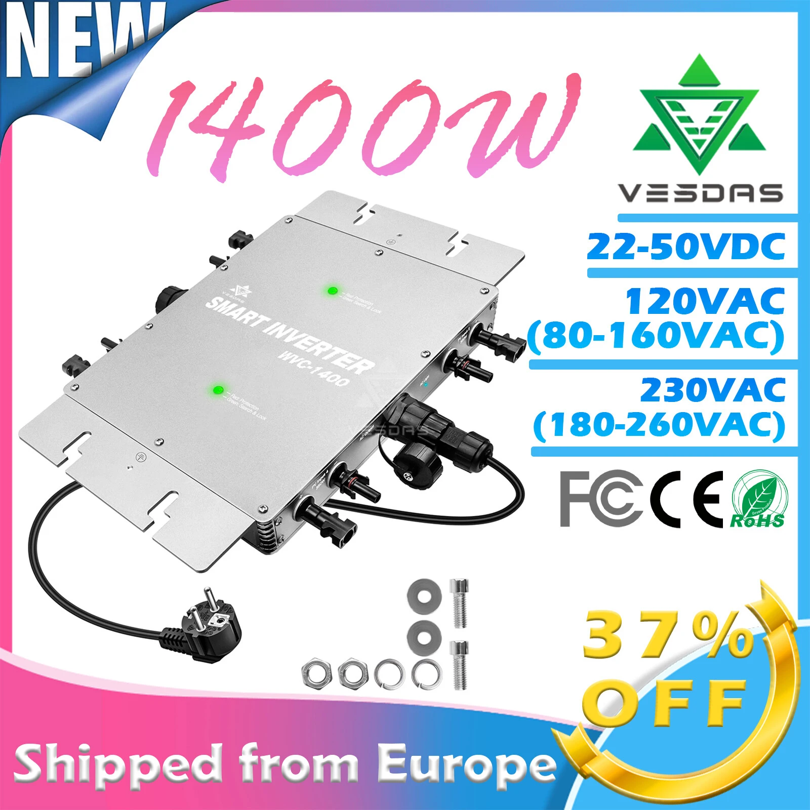 

1400W 80-260VAC 22-50VDC Dual MPPT Independent Design Grid Connected Micro inverter IP67 6000V Surge Protection