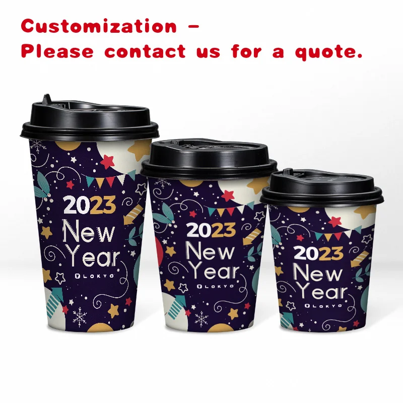 custom.LOKYO Custom Printed Happy New Year 8oz 4oz Black Cups Single Wall Takeaway Disposable Paper Coffee Cup Hot Drin