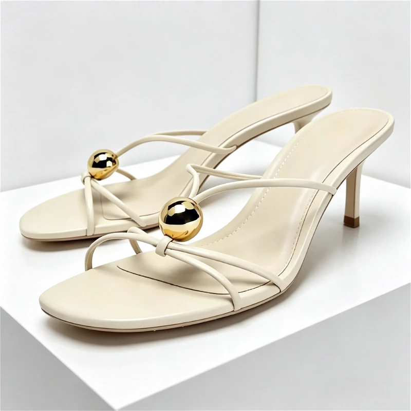 Luxury Metal Detail Heeled Slippers for Ladies Sexy Open Toe Square Toe Narrow Band Slide Sandals Luxury Brand Designer Shoes