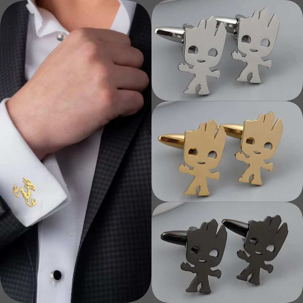 Fun stick figure cufflinks, gold-plated black and silver, French shirt cuff accessories, worn by high-end business men