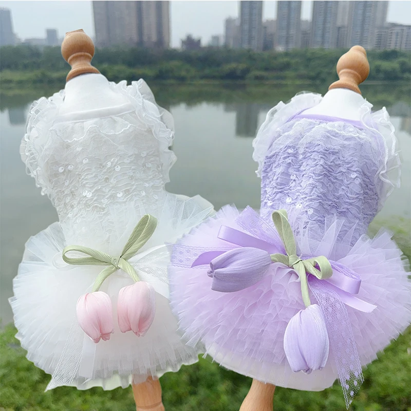 

Breathable Cotton Chihuahua Dress Princess Bow Flower Outfit for Small-Medium Puppy Summer/Autumn Home Wear Thin Pet Clothes