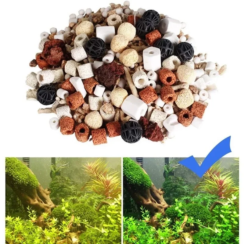 500g Aquarium Filter Media Fish Tank Accessories Ceramic Rings Activated Carbon Bio Balls Clear Water with Net Bags