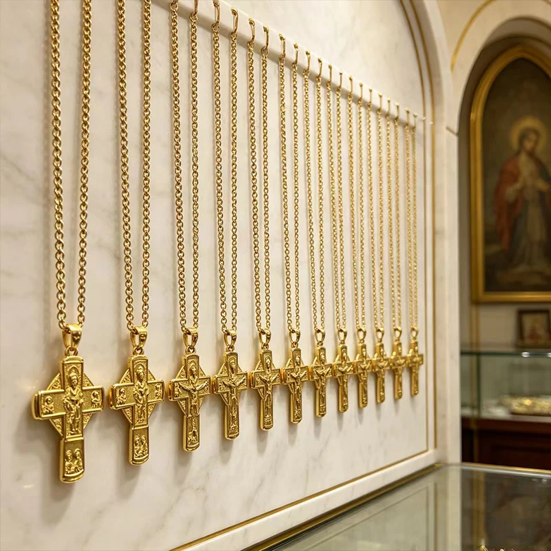 Luxury Orthodox Byzantine Icon Panel Cross Pendant Necklace With Chain Zinc Alloy Gold Tone Religious Gift for Men and Women