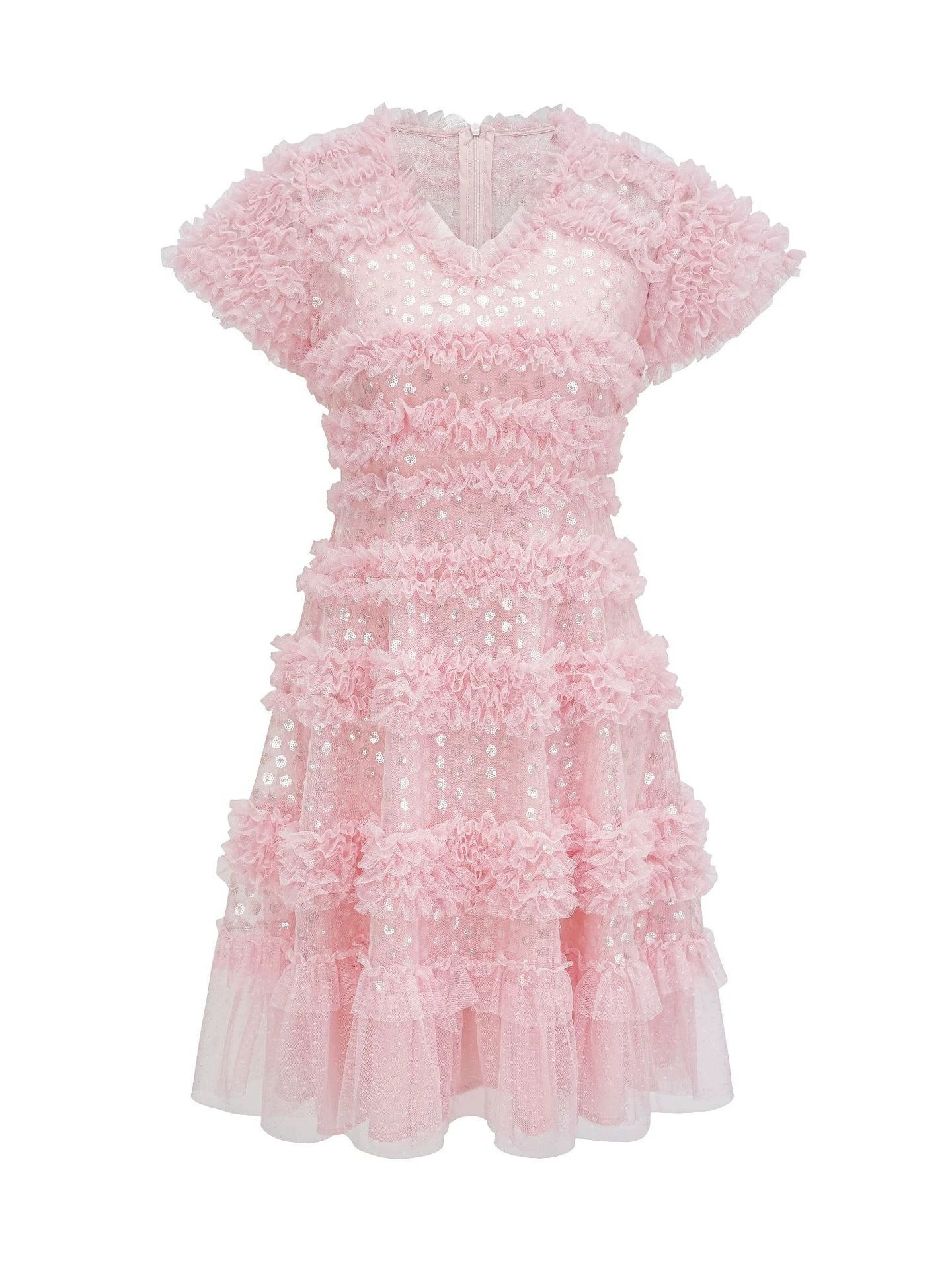 

Sweet and cute sequined petite dress heavy craft v-neck short-sleeved dress birthday party dress-GZXX462