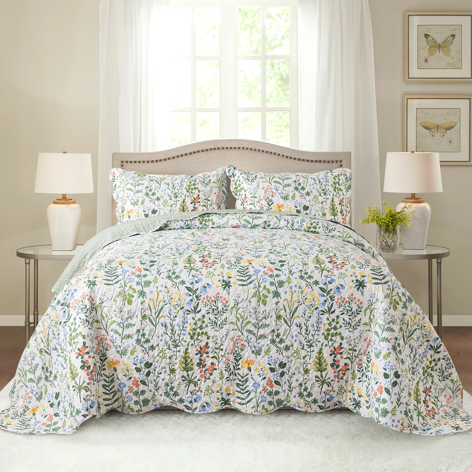

Rustic Floral Quilt Bedspread - All-Season Machine Washable Bedding Set, Soft Comfortable Country Style for Home & Guesthouse