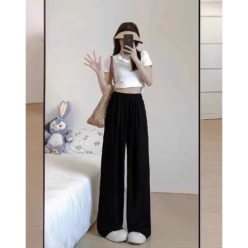 

Summer Women's New Fashion Thin Japanese Ice Silk Wide-Leg Pants High-Waisted Straight Draped Anti-Wrinkle Casual Pants