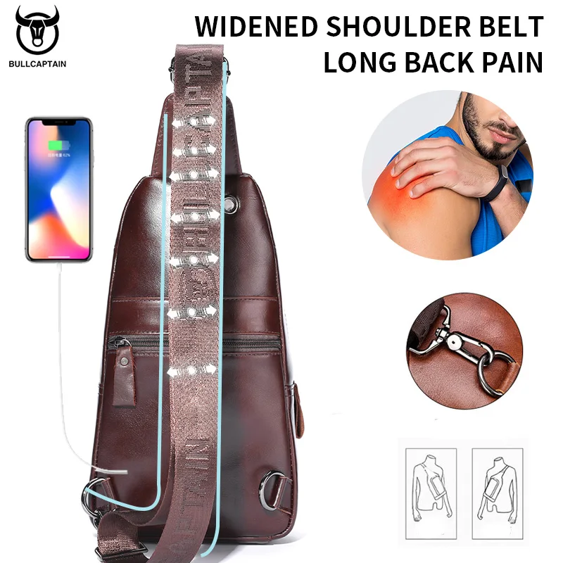 Men's Genuine Leather Single-shoulder Messenger Chest Bag Soft Top Layer Cowhide Retro Double-layer Card Charging Pocket