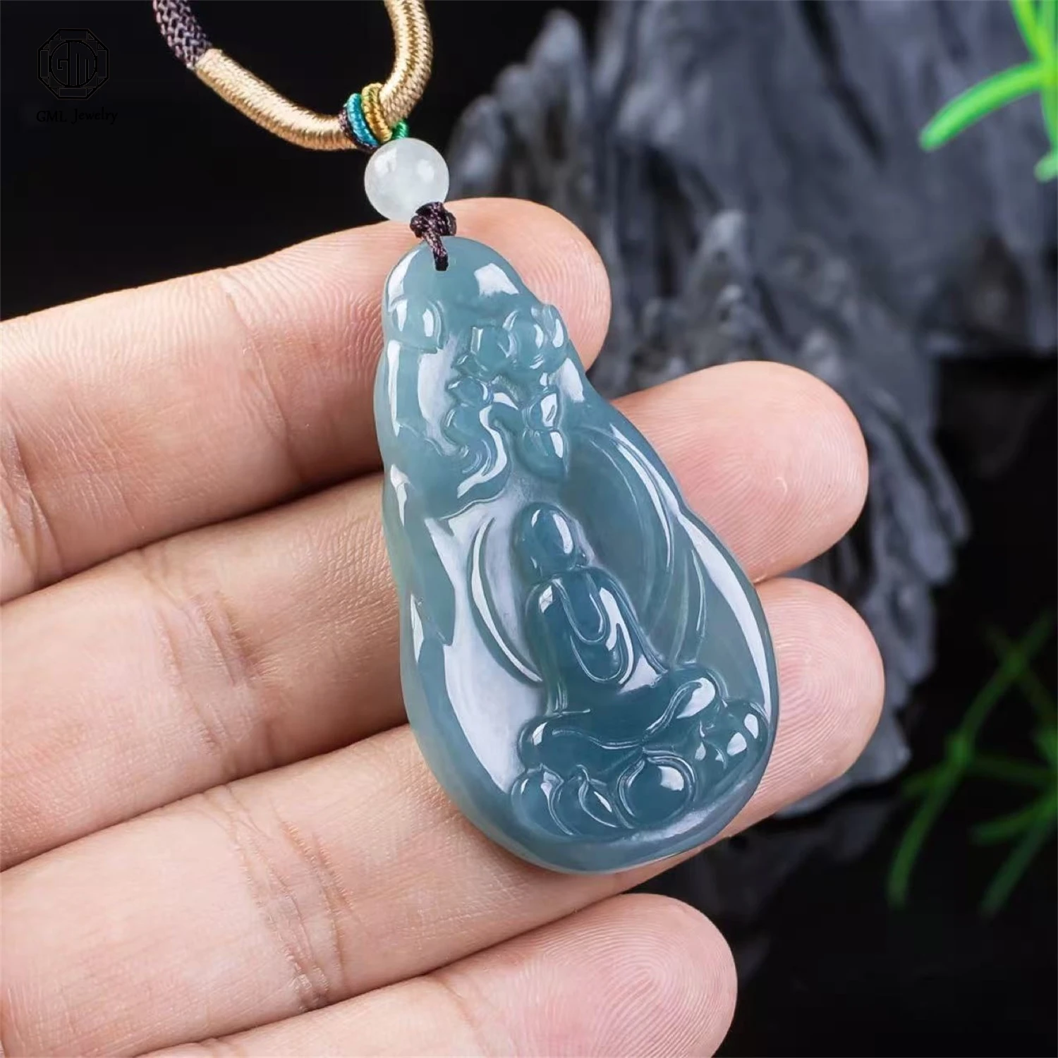 

Natural Grade A Jadeite Blue Water Ice Guanyin Pendant Unisex Men Women Gemstone Necklace Jade Buddha Pendant Jewelry Gift