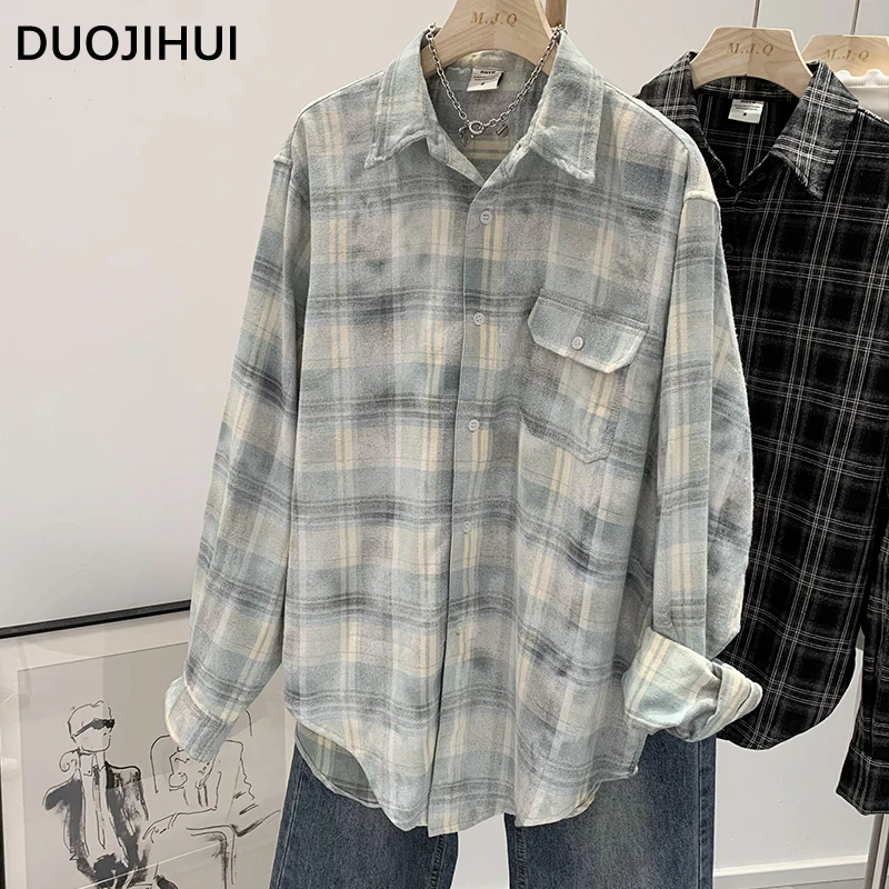 

DUOJIHUI American Vintage Chicly Polo Neck Simple Women Shirt Autumn Classic Plaid Fashion Spell Color Loose Casual Female Shirt