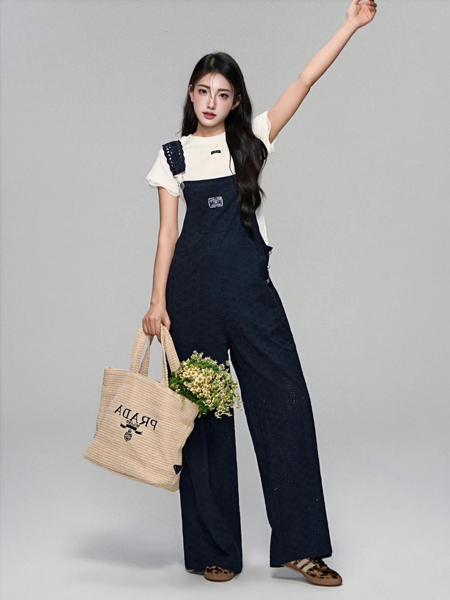 Witte Bib Overalls Dames Casual Zomer Nieuw Design Sensation Afslankende Lange Broek Hoge Taille Wijde Pijpen Woon-werkverkeer Sle Katoen