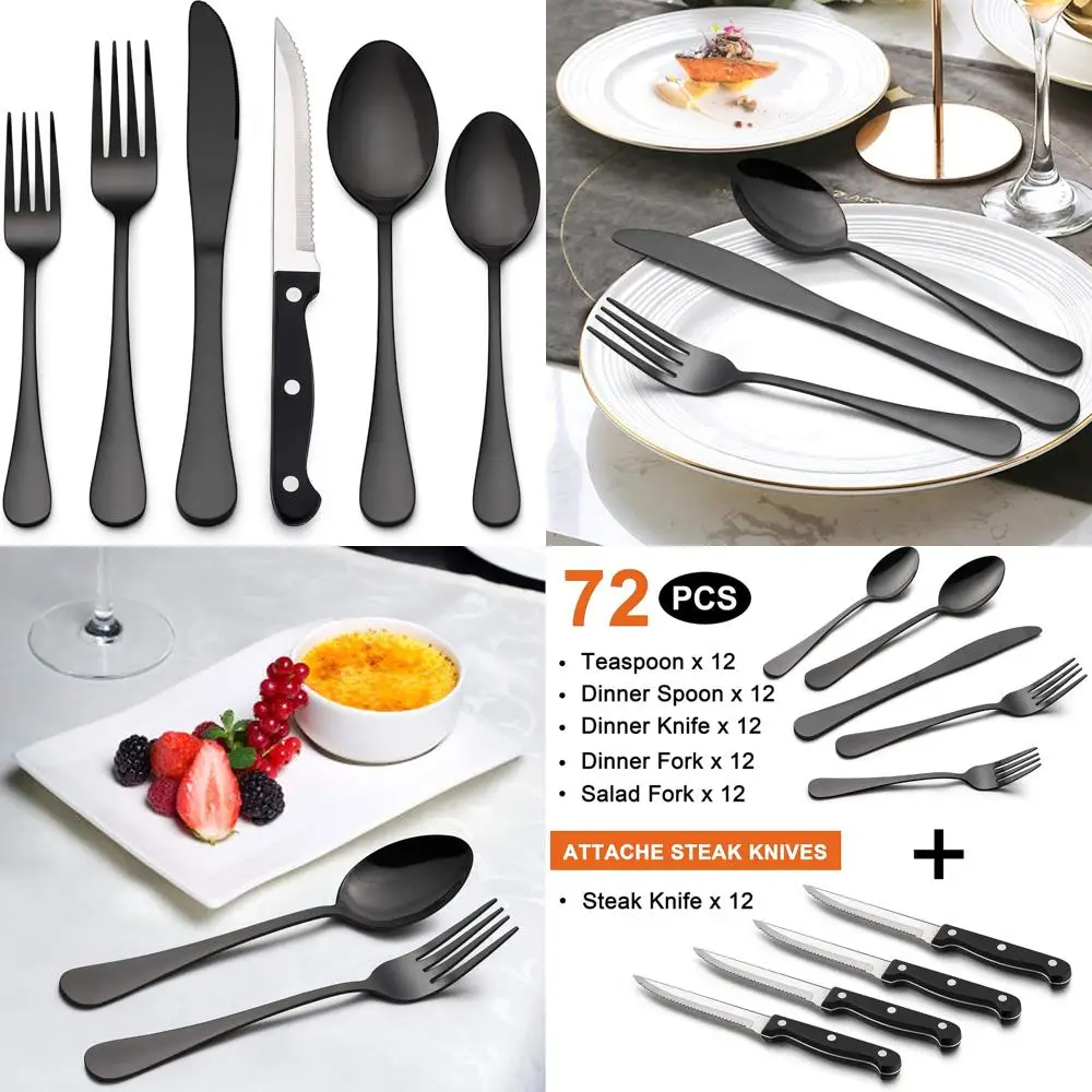 

Stainless Steel 72-Piece Black and Silver Cutlery Set with Steak Knives for 12, Elegant Kitchen Tableware