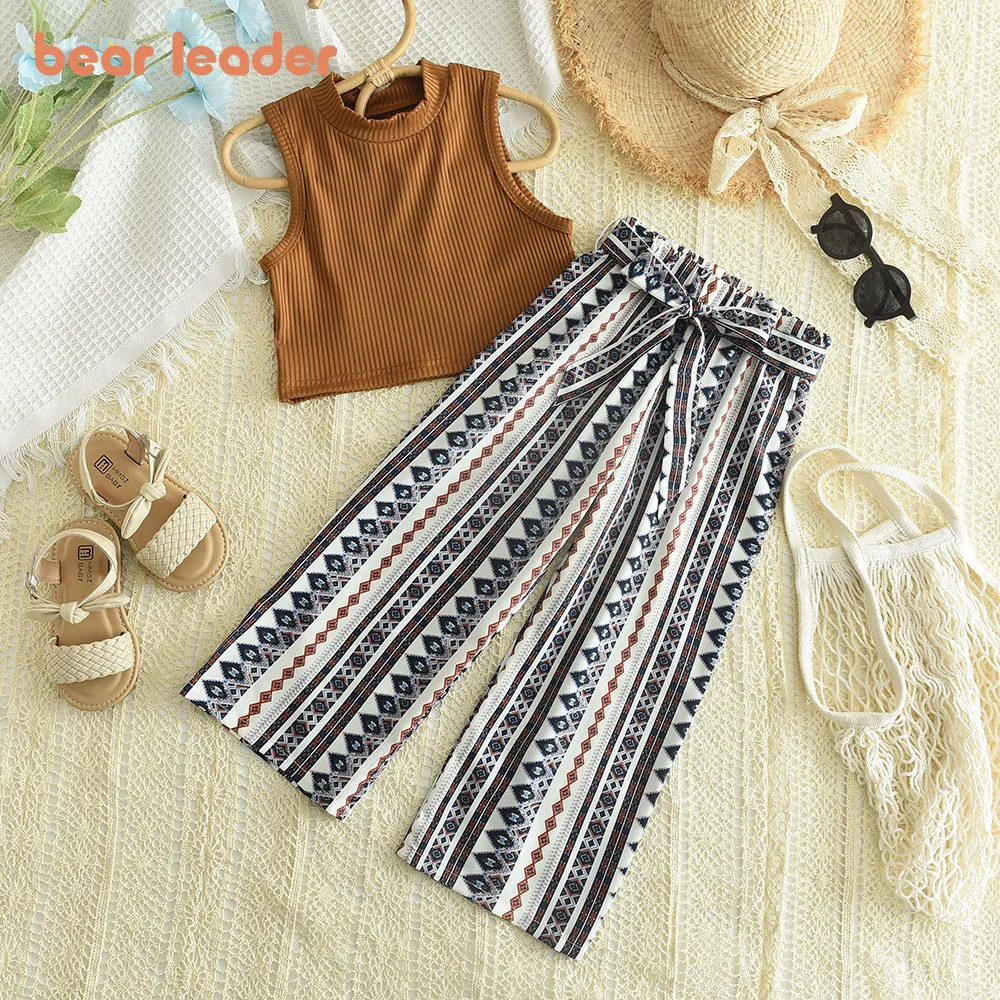 Bear Leader Baby Girls Clothing Sets Summer Solid Color Pit Stripes Vest and Geometric Printing Wide Leg Pants Kids Outfits