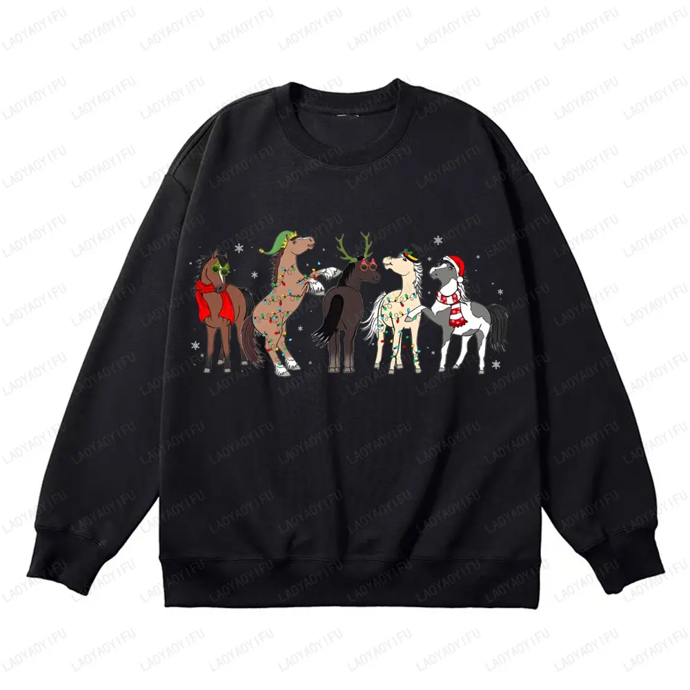 Hoppy Christmas Horse Lights Sweatshirt  Horse Party Printed Hoodies Hoodies Christmas Hat Woman Men Long Sleeve Sweater Tops