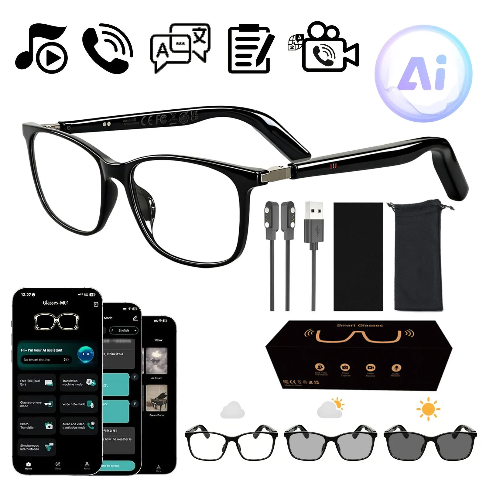 Smart Audio Glasses with Real-Time Translation Hi-Fi Music Playback Noise-Cancelling Voice Calls And Photochromic Lenses
