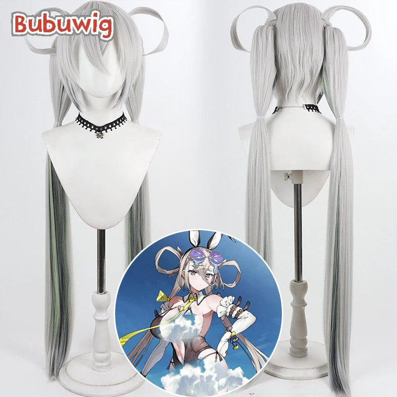 Bubuwig Synthetic Hair Huyan Zhuo Cosplay Wigs Fate FGO Huyan Zhuo 100cm Silver White Mixed Green Ponytail Wig Heat Resistant
