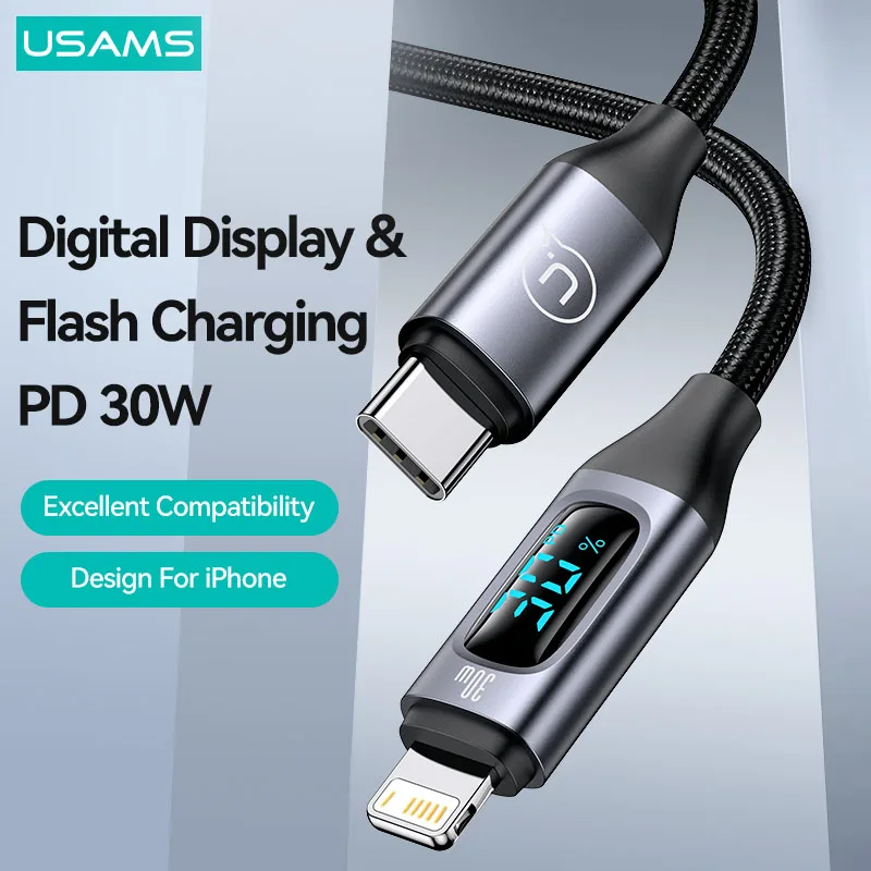 USAMS 30W PD Type-C For iPhone 14 13 12 11 Pro Max Cable Display Fast Charging Charger For iPhone X Macbook Data Cables 1.2m