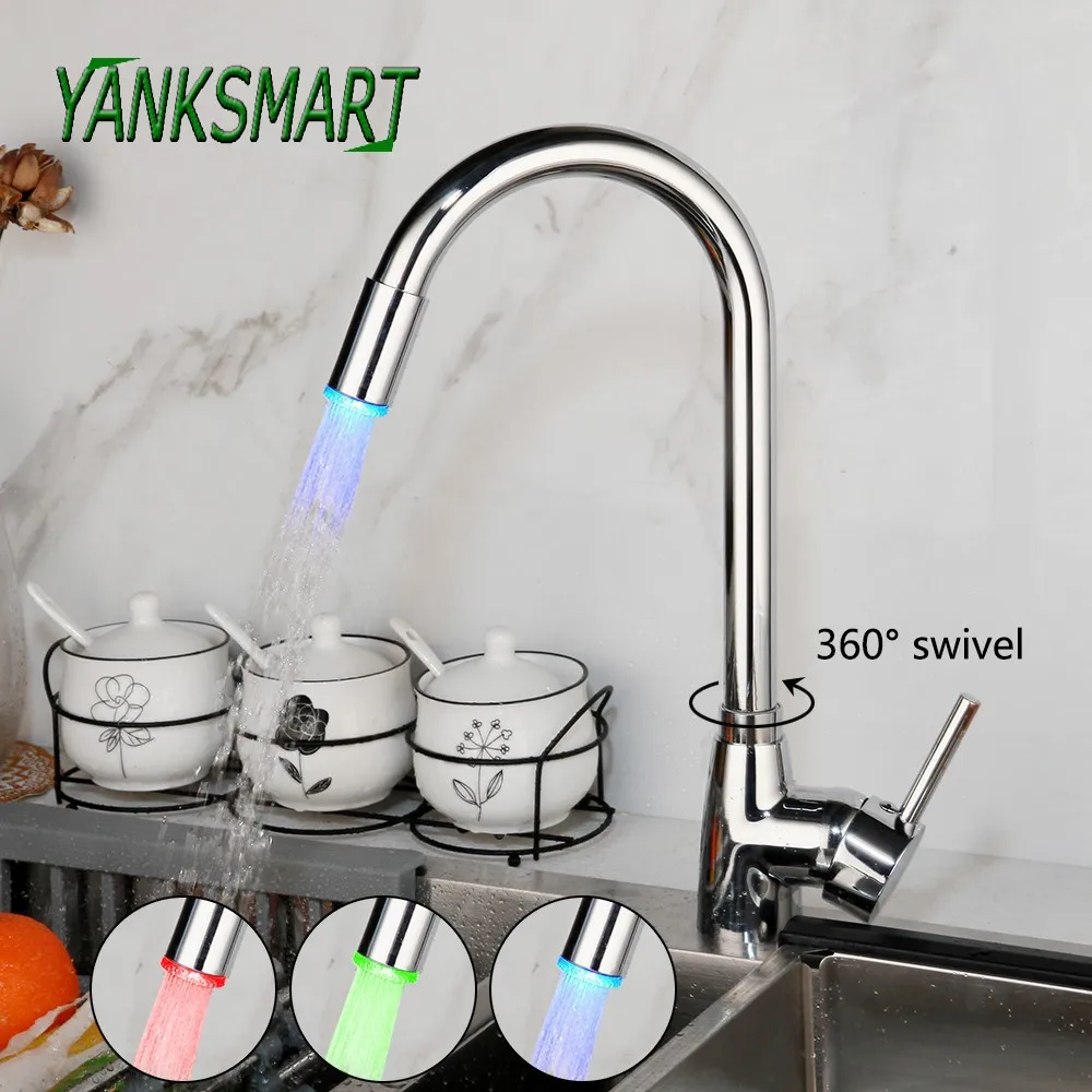 YANKSMART LED Light Chrome Polished Kitchen Faucet Basin Sink Single Handle Deck Mounted Faucets Cold And Hot Mixer Water Tap