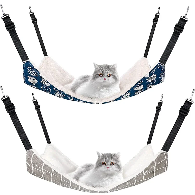 Reversible Cat Hanging Hammock Soft Breathable Pet Cage Hammock with Adjustable Straps and Metal Hooks Double-Sided Hanging Bed