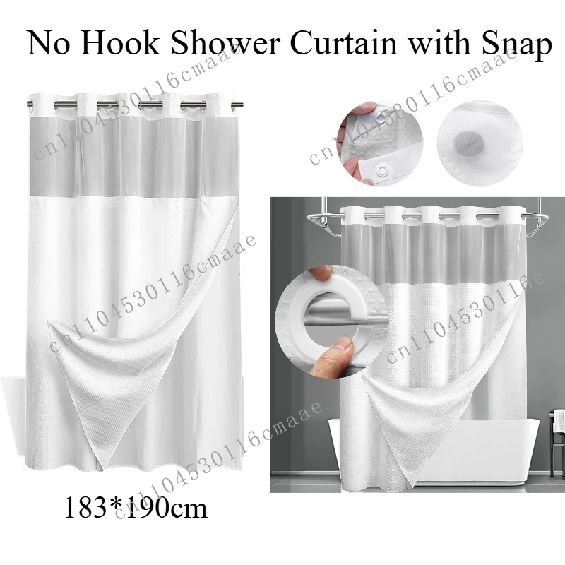 Brand New 183cm * 190cm Unhooked Shower Curtain with Buckle Fabric Lining Set, Double-layer White Bathroom Waterproof