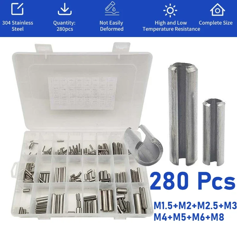 280Pcs Stainless Steel Roll Pin Assortment Kit Metric Slotted Spring Pins M1.5 To M8 Split Tension Pins for Machinery Repair
