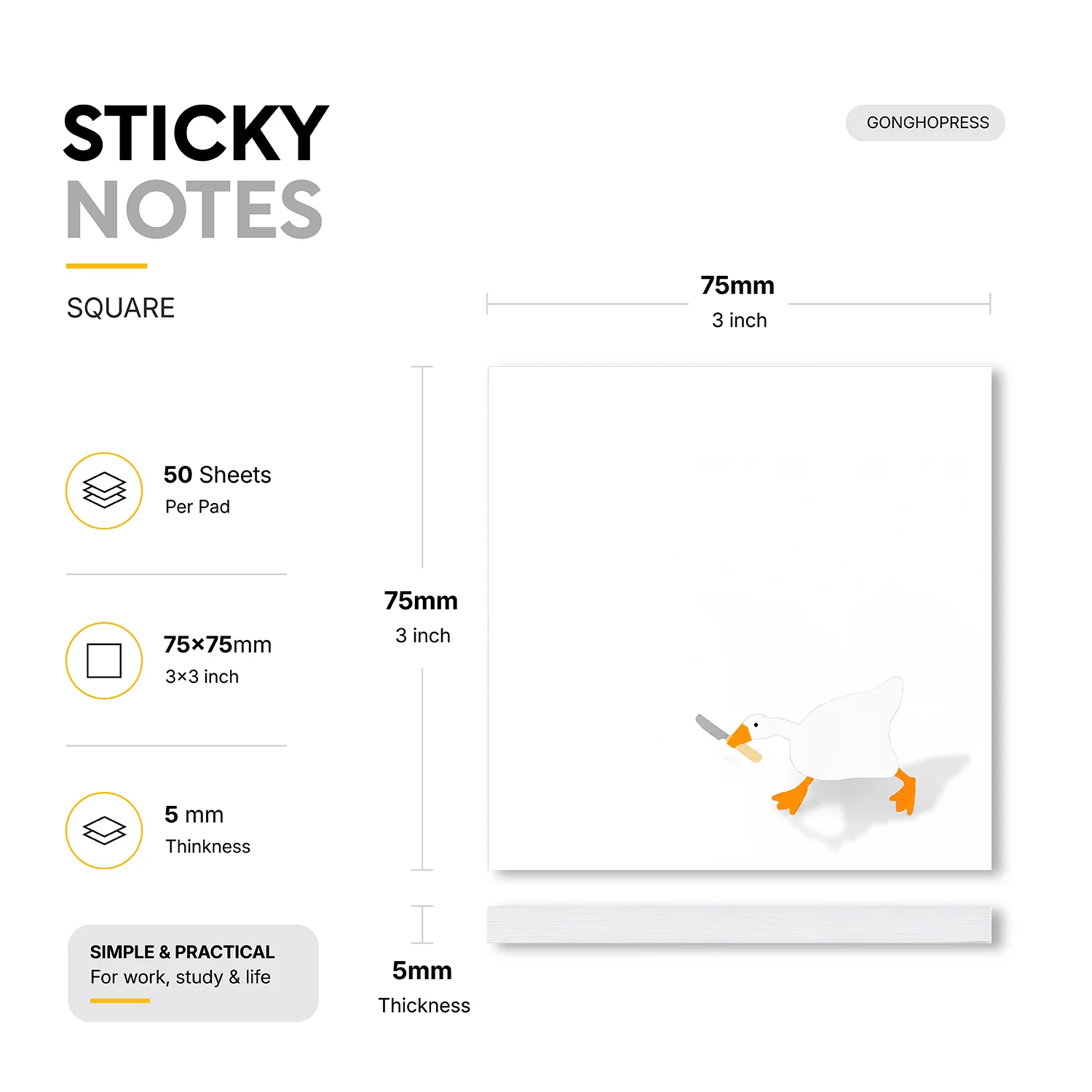 2 pcs Funny Duck Sticky Notes, 100 Sheets Total, Cute Animal Self-Stick Memo Pads, White Removable Adhesive Notes for Office