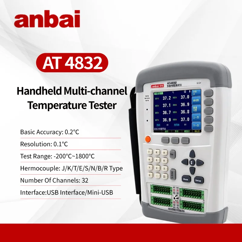 

ANBAI AT4832 Handheld Multi-channel Temperature Tester Basic Accuracy: 0.2% Resolution: 0.1℃ Test Range -200℃~1800℃，Channels: 32
