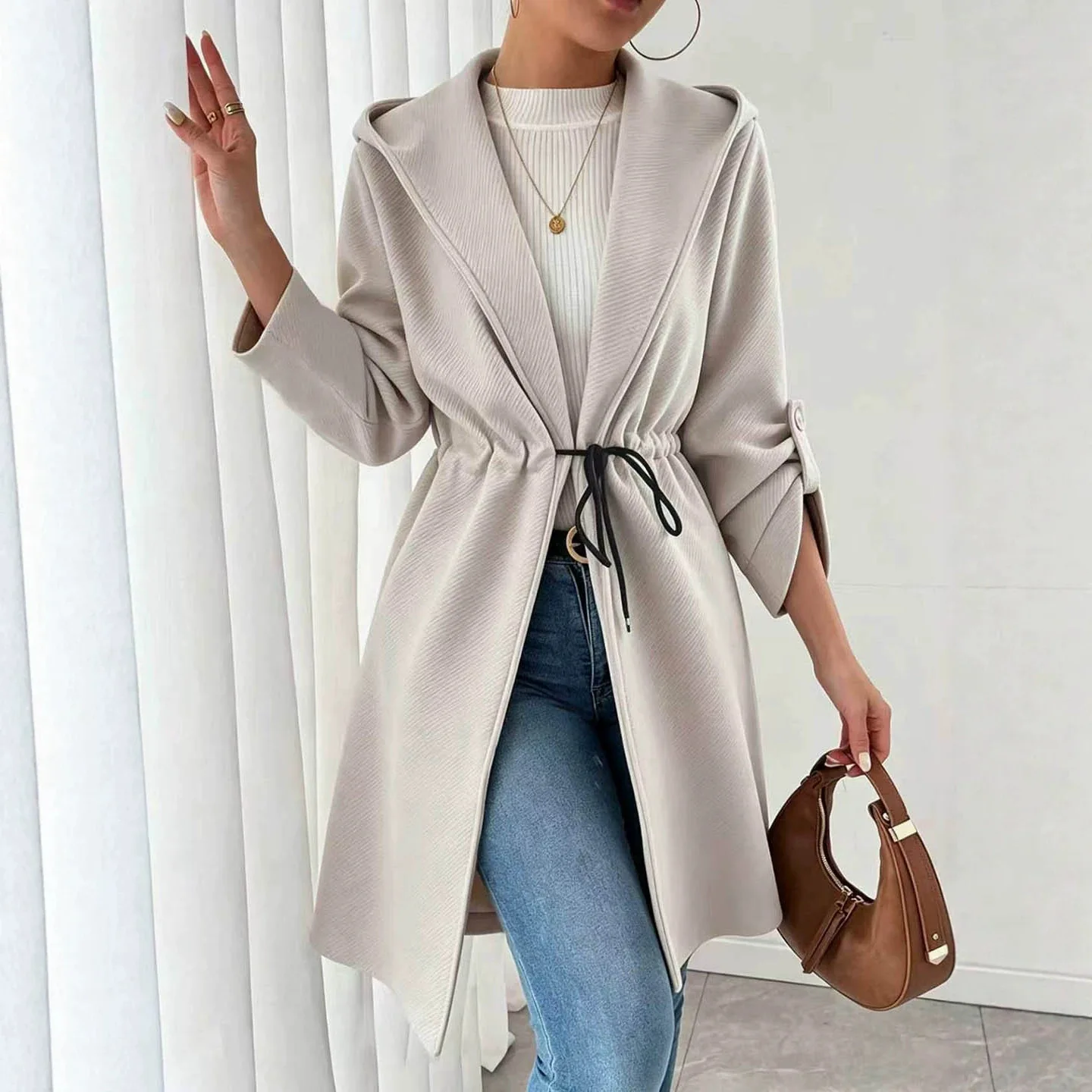 2026 Gentle Style Hooded. Mid-length Coat With Drawstring Waist, Turn-down Necklace Three-quarter Sleeves, And Solid Color Textu