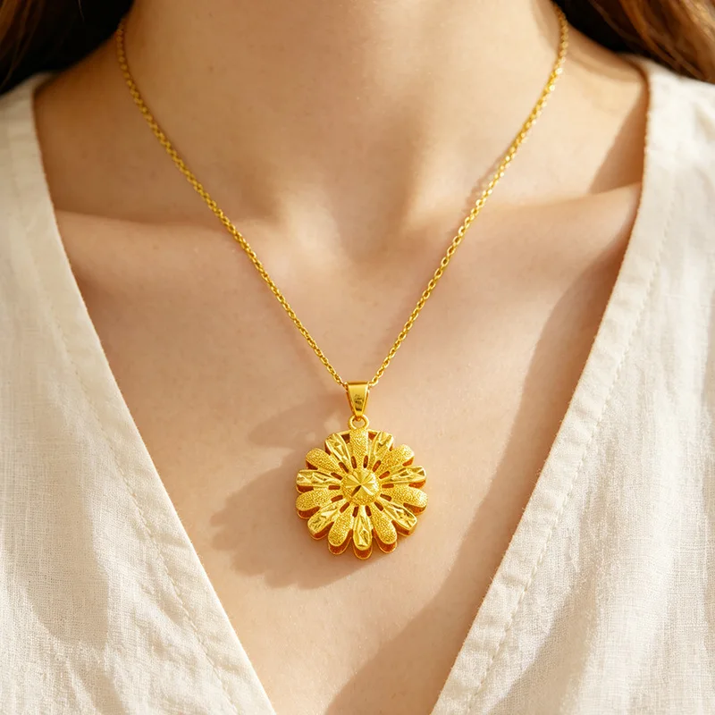 Luxury 24K 9999 Pure Gold real gold Sunflower Necklace Double Layer Flower Pendant Necklace