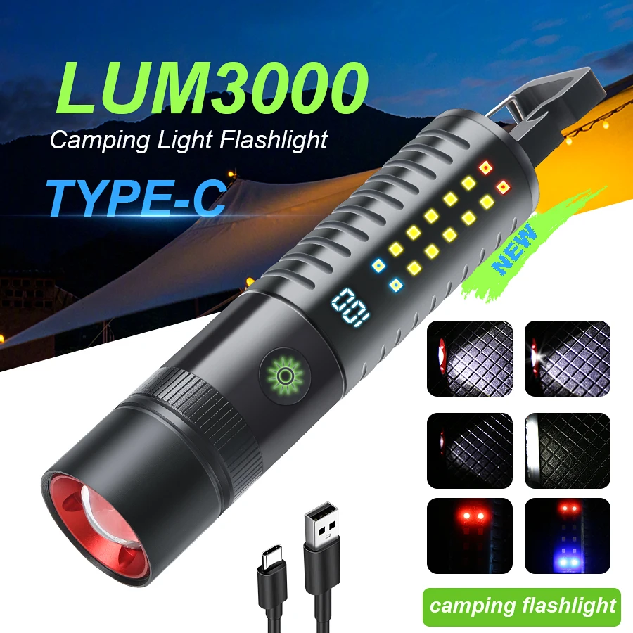 

D2 LED Flashlight USB Rechargeable Strong Light Zoomable Torch Lamp with Digital Display Outdoor Camping Emergency Flashlight