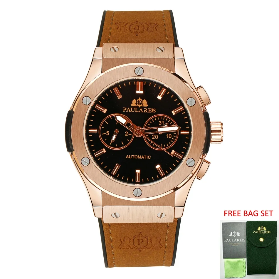 

Автоматические часы для мужчин, механический механизм, розовое золото, серебро, черный корпус, белые резиновые повседневные спортивные часы Geneve