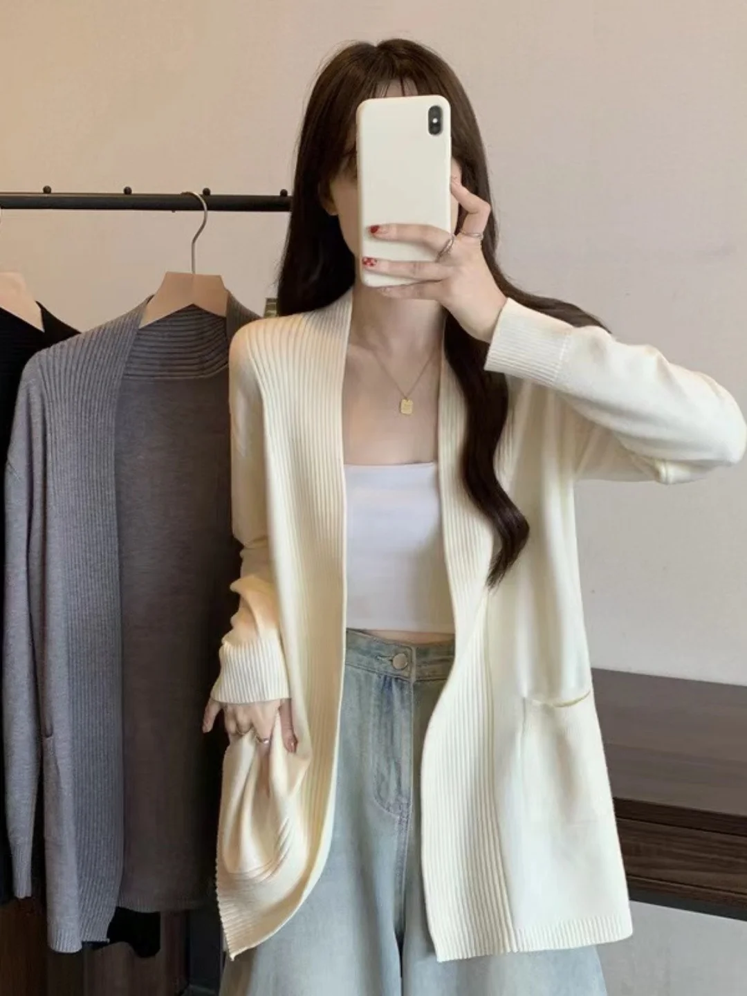 

Casual Sle plus Size Knitted Open Cardigan Women's V-Ne Mid-Length Loose Fit Sweater Jaet Autumn Winter Large Size