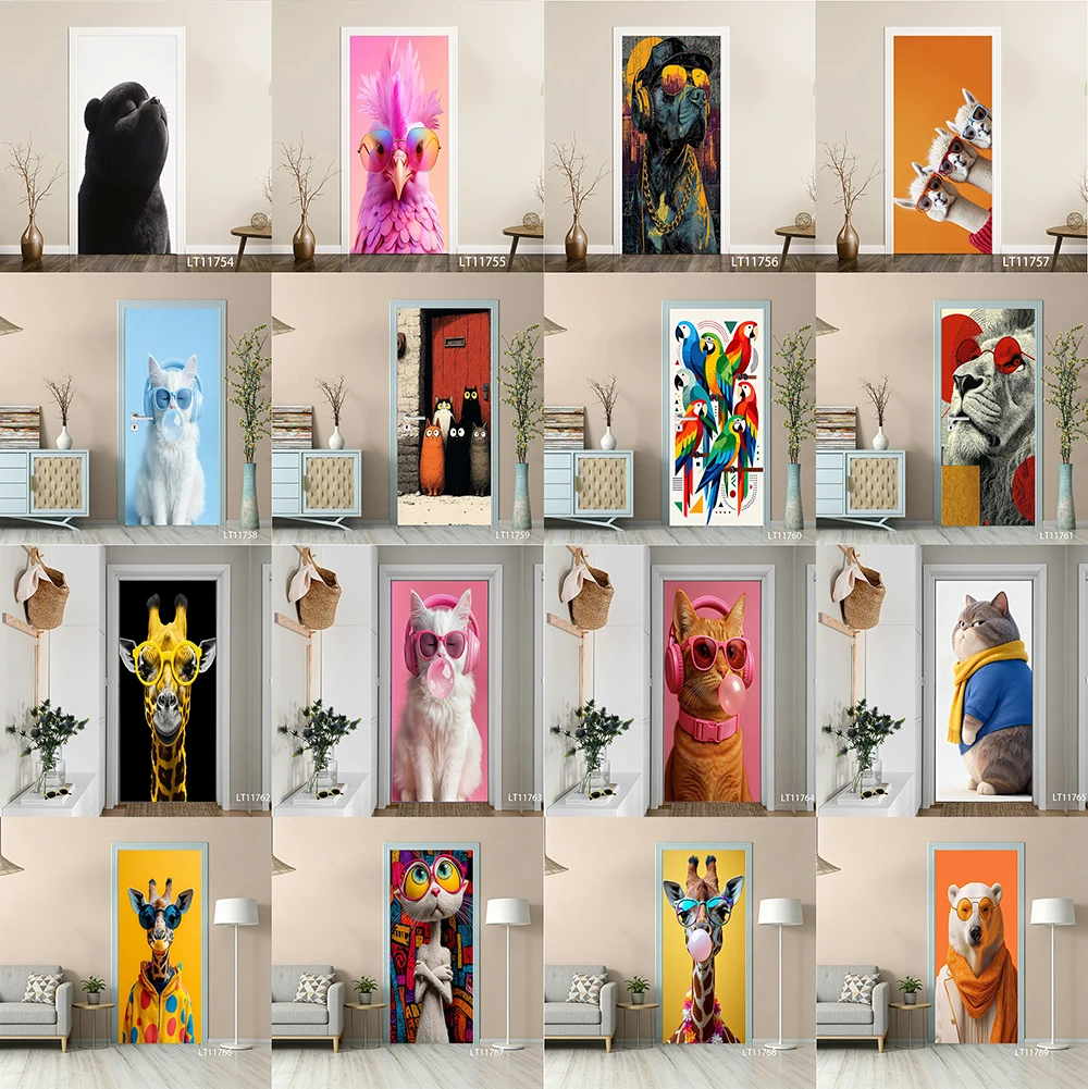 

Funny Hipster Animal Door Sticker, Self-Adhesive & Peel and Stick, Removable Whimsical Pet Art Mural for Kids Room & Home Decor