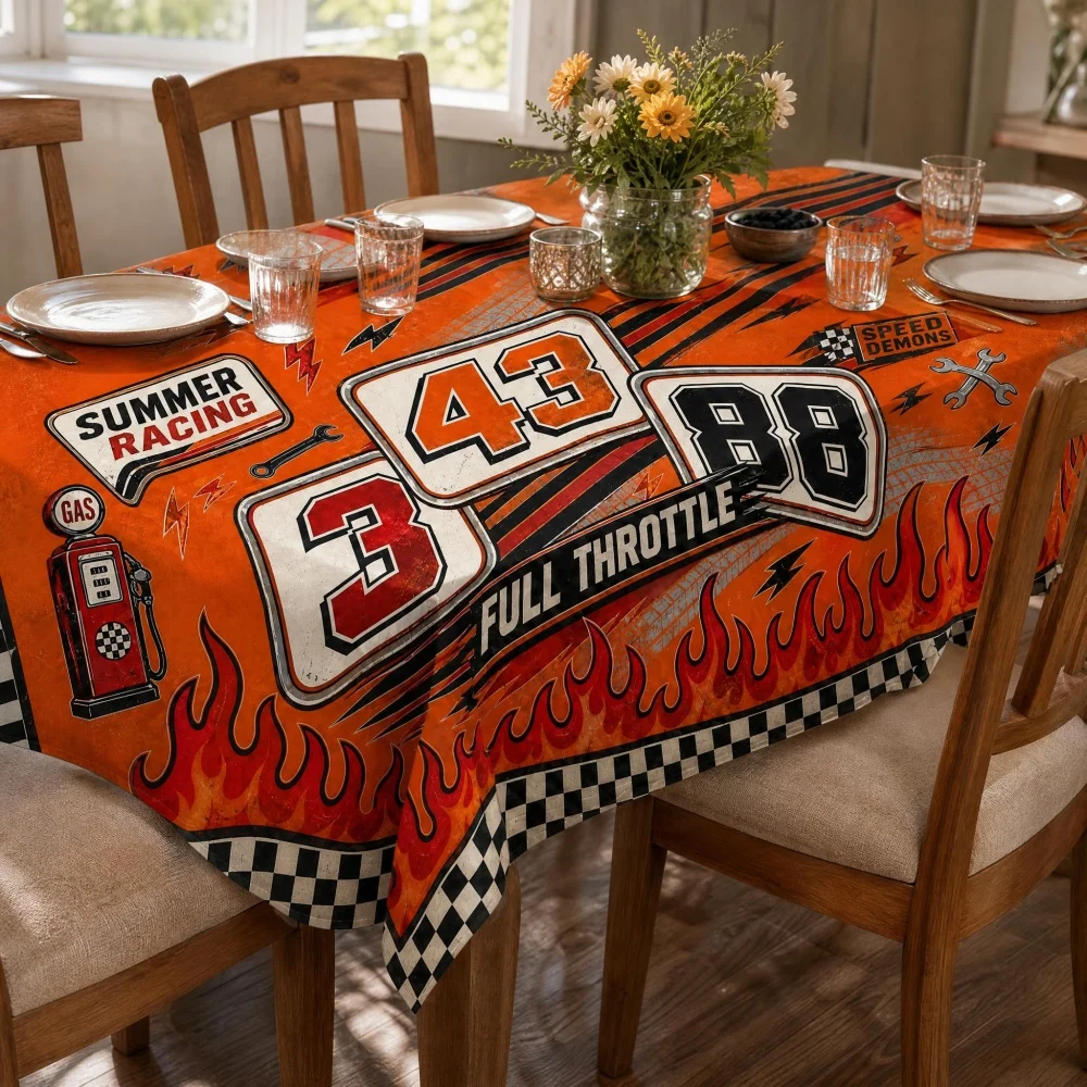 Vintage Racing Number Check Print Non-Waterproof Tablecloth Wrinkle Resistant Rectangular Motor Sport Dining Table Cover