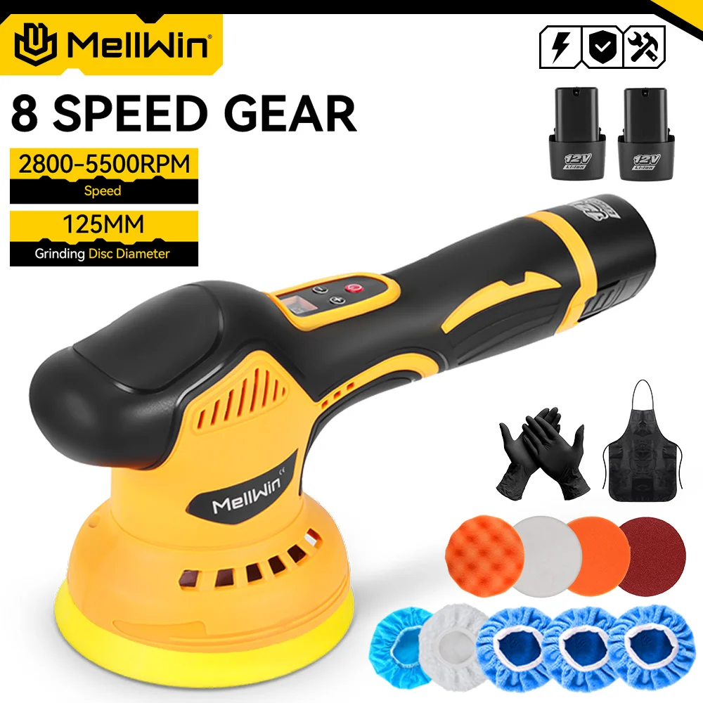 MELLWIN 125 mm kabelloser 12 V Auto-Polierer, 8 Gänge, Digitalanzeige, elektrischer Polierer, Auto-Polier- und Dichtungsglasurmaschine