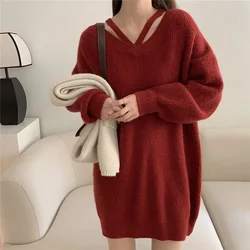 Red Female Pullover V Neck Loose Long Knitted Sweaters for Women Hot Sale Winter Clothing Sales Sleeve Thermal Korean Fashion