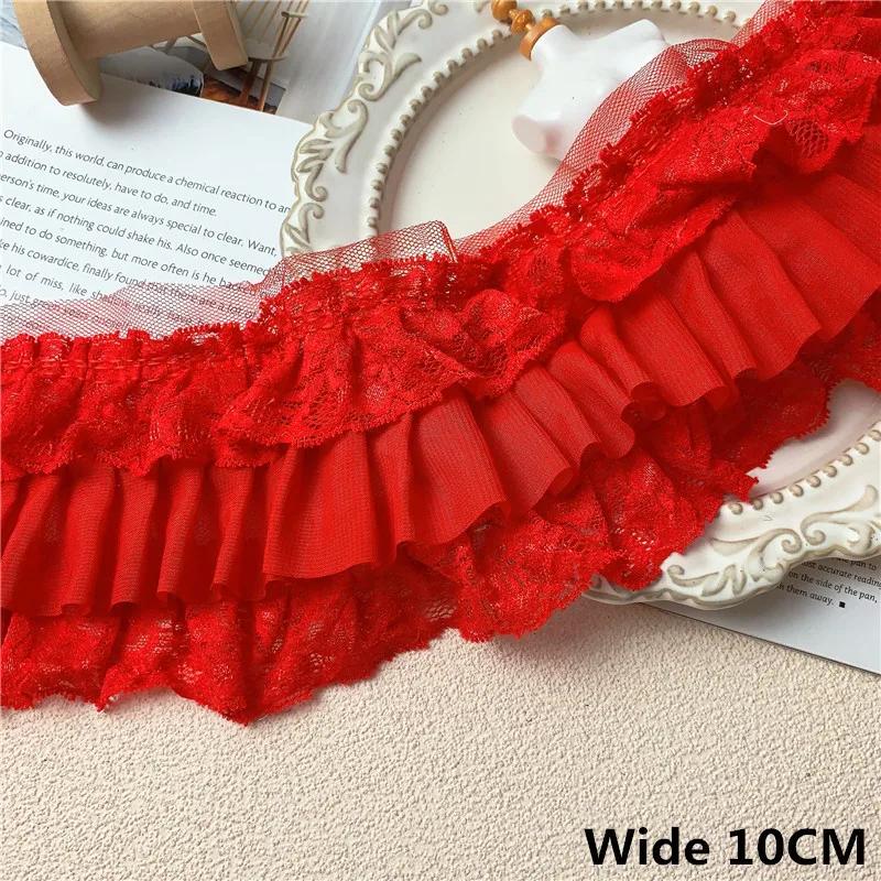 Tela de encaje de gasa plisada roja de tres capas de 10CM de ancho, cinta bordada con flecos, adorno de volantes, ropa, decoración de costura DIY