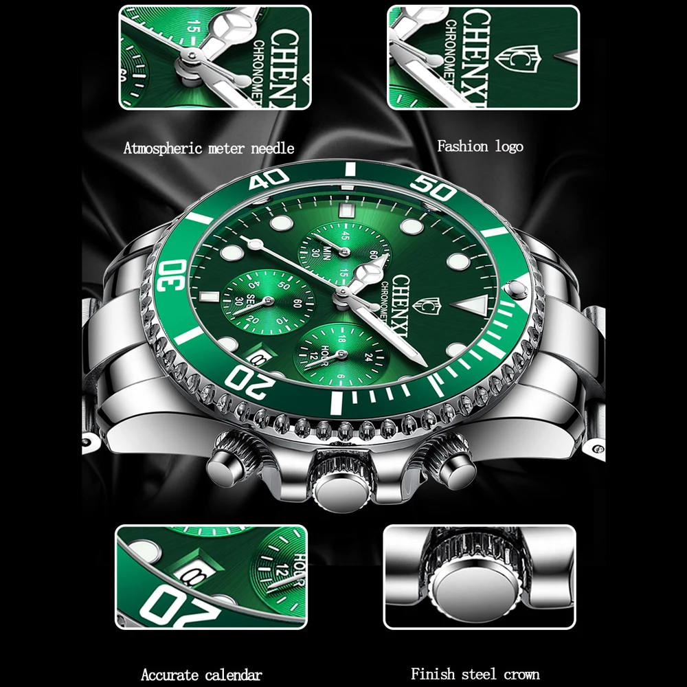 CHENXI Men's Luminous Waterproof Multi-function Watch Stainless Steel Strap Chronograph Calendar Casual Daily Wristwatch
