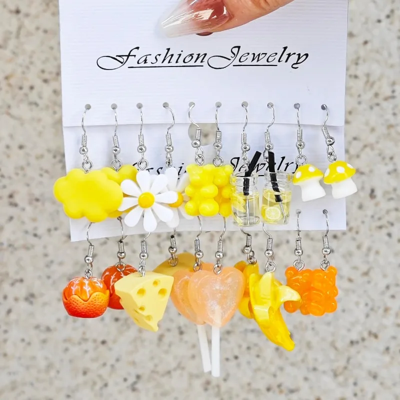 

Fashion New Acrylic Resin Chrysanthemum Orange Teddy Bear Simulation Food Cheese Banana Lollipop Earring Set