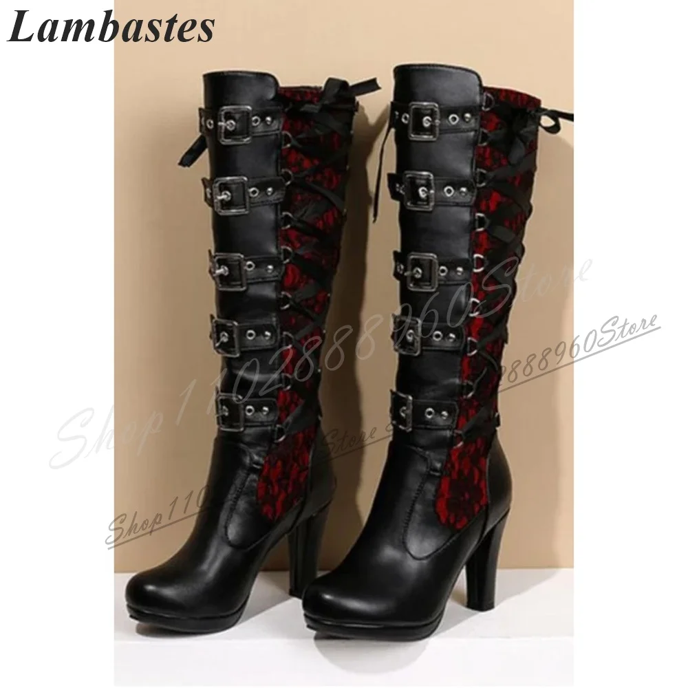 Knee High Black Splicing Cross Tied Knight Boots Chunky High Heel Shoes For Women Back Zipper Pointed Toe 2024 Zapatillas Mujer