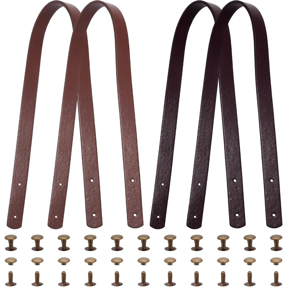 2 Sets 2 Colors Faux Leather Bag Handles with Iron Rivets 60x1.85cm PU Leather Bag Strap Replacement Dark Brown and Coconut