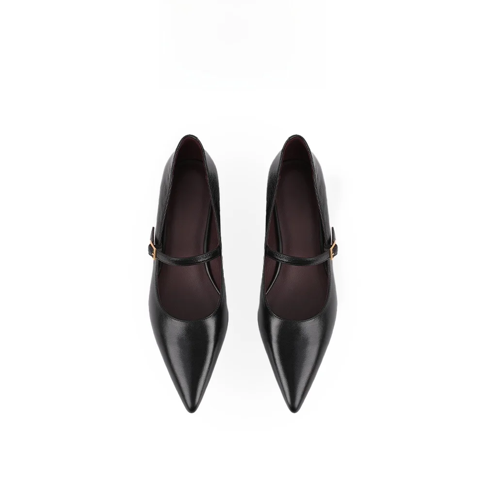 

Fashionable Retro Oil Wax Calfskin Mary Jane Single Shoes Sharp Pointed Toe Buckle Stylish Moccasins French Style Women's Foo...