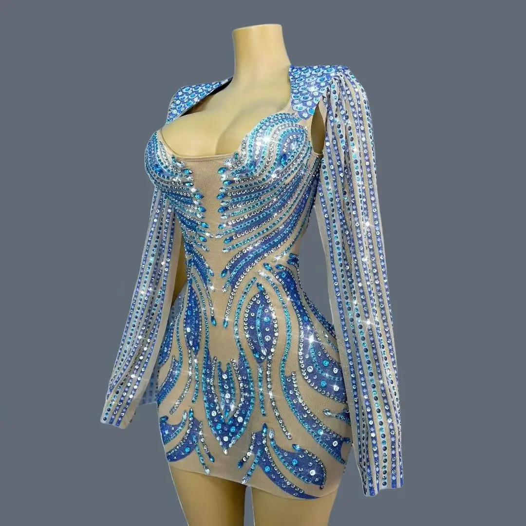High-end prata azul strass vestido de cocktail brilhante apertado encaixe pura malha mini vestido de baile vestido de noite mostrar roupa lanmao