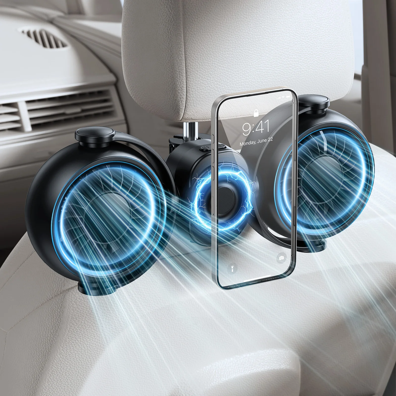 Hipacool Car Seat Fan with Magnetic Phone Mount Dual Head Fan for Backseat Headrest 4000mAh Battery Powered 360° Rotation Fans
