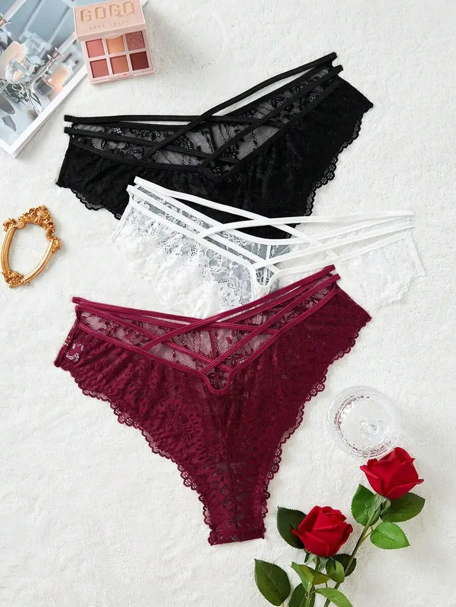 

3-Pack Crisscross Lace Women's Briefs - Black, White, Burgundy