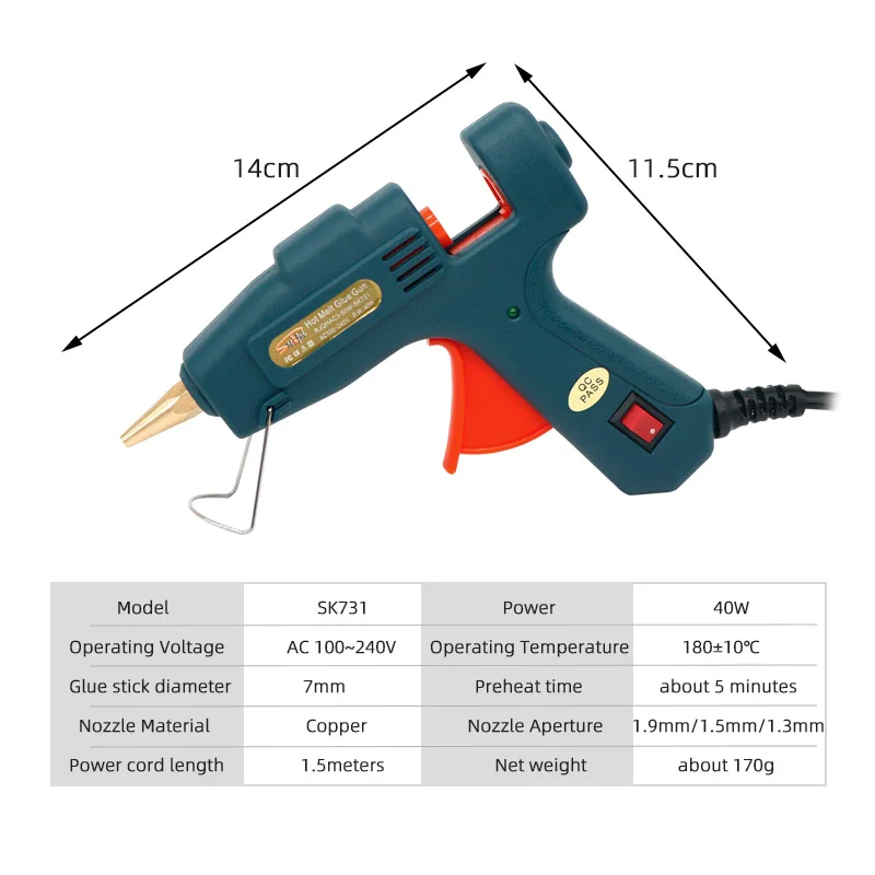 40W Hot Melt Glue Gun 1.3mm/1.5mm/1.9mm Small Aperture Nozzle Hot Melt Gun 7mm Glue Sticks Home Craft Repair Tool Mini Glue Gun