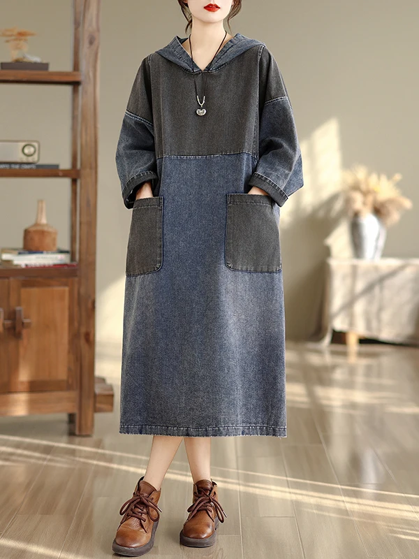 Autumnal Color Block Denim Dress Large Size Women's Hooded Mid-Length Faded A-Line Skirt Casual Long Sleeve Cotton Polyester