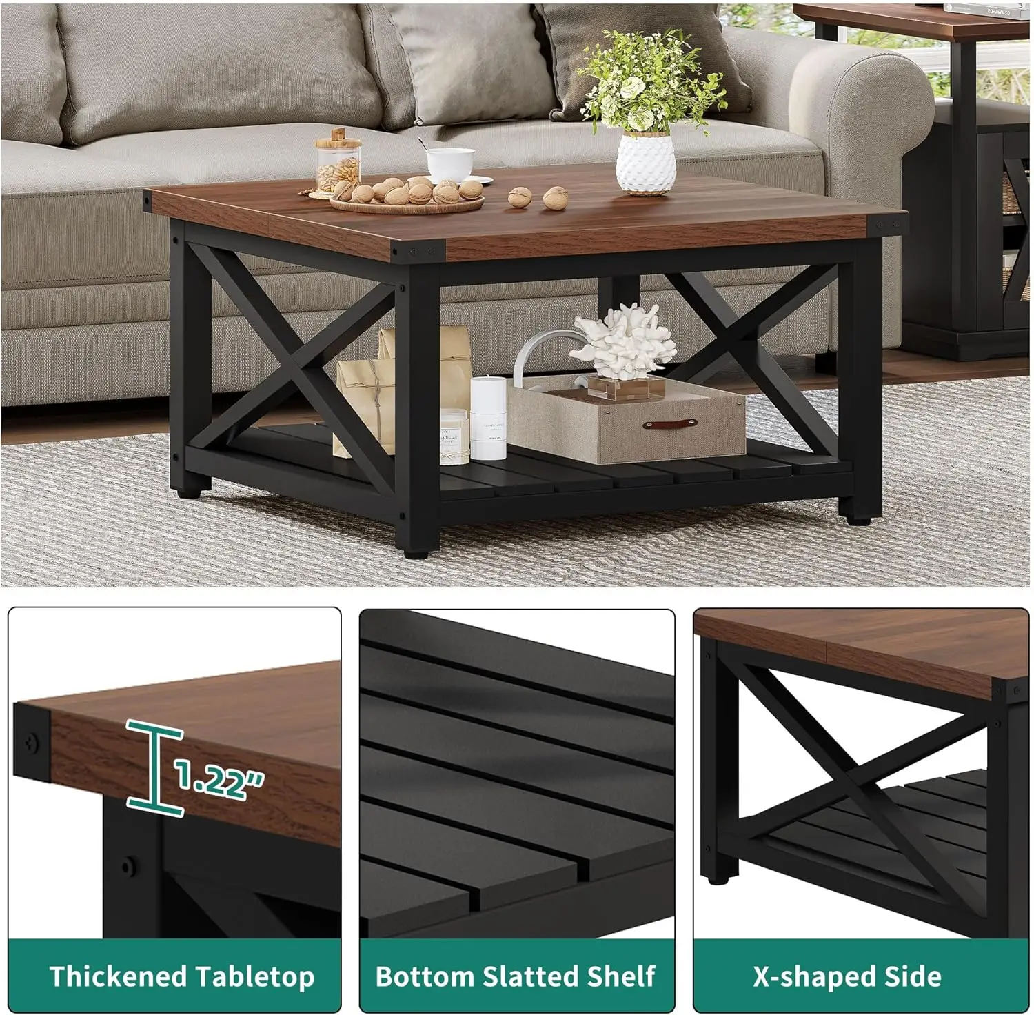 Square Coffee Table for Living Room, Vintage Living Room Table with Shelf, Coffee Table with Storage