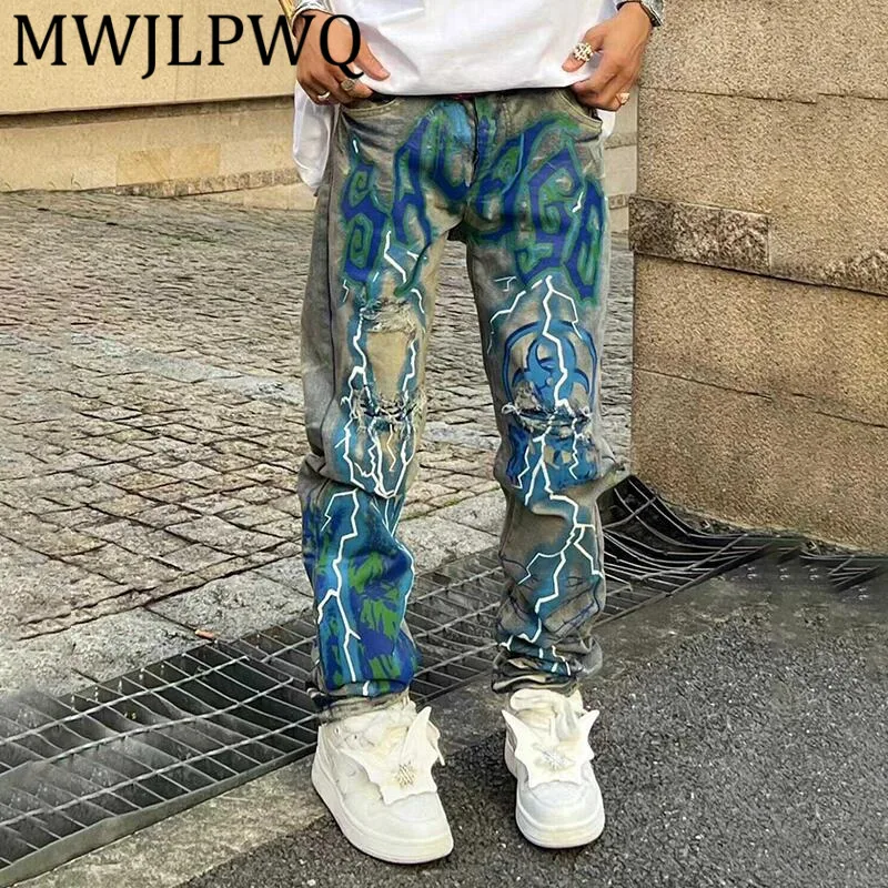 

MWJLPWQ Универсальные потертые джинсы в американском стиле с принтом, мужские узкие рваные джинсы в стиле хип-хоп, длинные брюки 12449