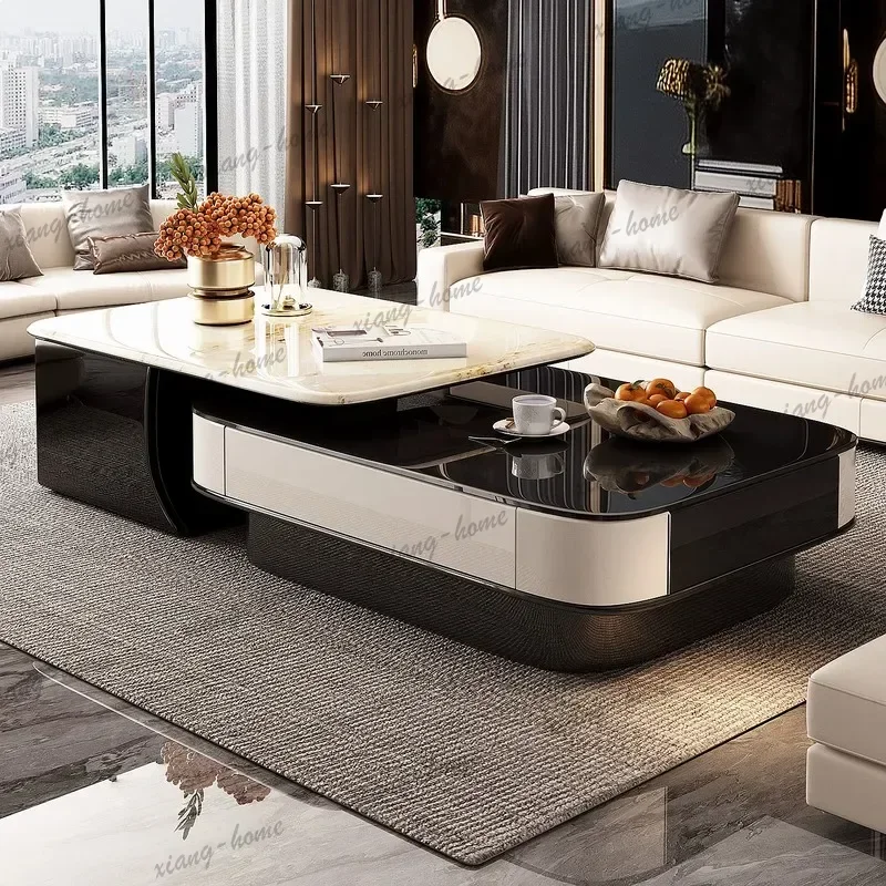 YJ Italian Style Extendable Coffee Table Modern Rectangle Microcrystalline Glass Rock Panel Living Room Tea Table